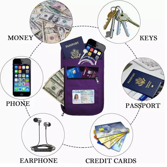 Travel Neck Pouch Waterproof Passport Holder with RFID Blocking Purple