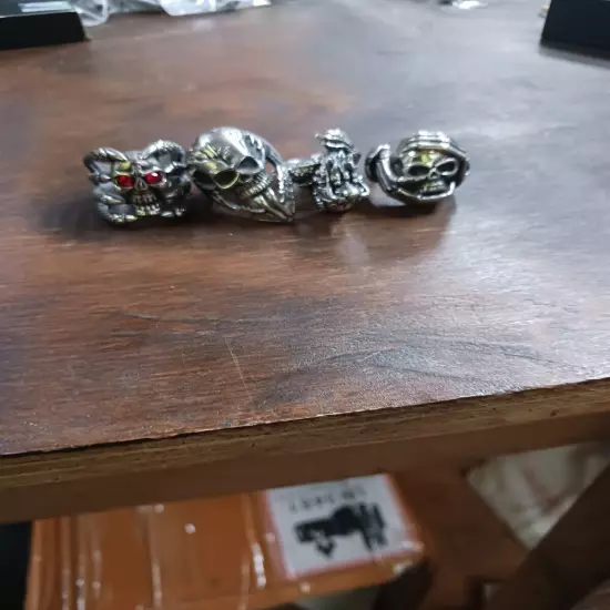 SET OF 4 SIZE 10 MENS RINGS- 3 SKULLS AND 1 DRAGON DESIGN