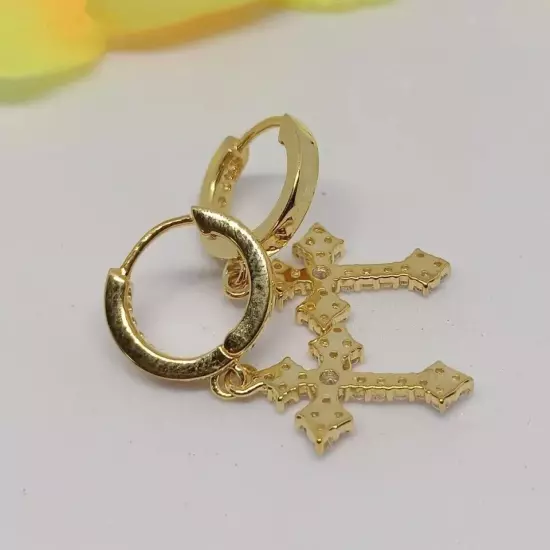 2Ct Lab Created Diamond Cross Dangle Drop Men's Earrings 14K Yellow Gold Plated