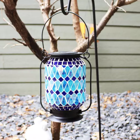 Cool Blue Mosaic Glass Outdoor Solar LED Lantern - 8 in by Sunnydaze