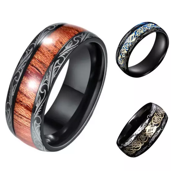 Mens Wood Inlay Stainless Steel Engagement Ring Men's Wedding Band Jewelry Gift^