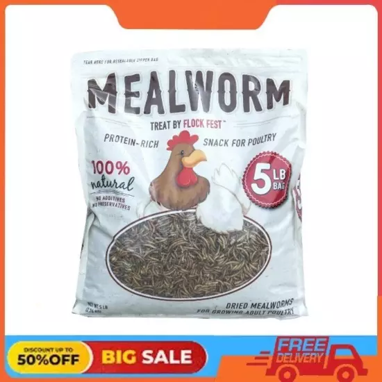 Flock Fest Dried Mealworms for Chickens, Wild Birds, Ducks, and Small Pets, 5 lb