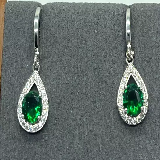 Earrings. Silver Tone Emeral Green Crystal w Clear Crystal Opal Shape Frame.