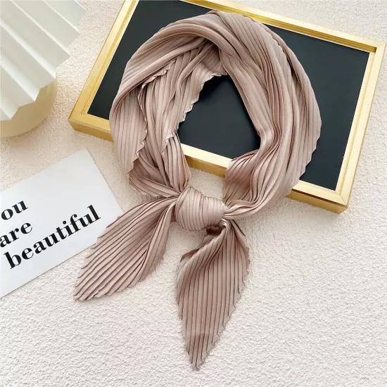 Women's Square Silk Pleated Head Hair Neck Scarf Satin Neckerchief Scarf