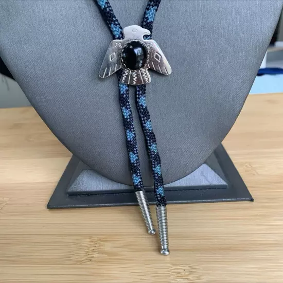 Vintage Native American Snowflake Obsidian Thunderbird Bolo Tie Blue/Black Cord