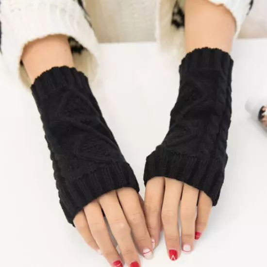 Knitted Long Fingerless Gloves Arm Sleeves Rhombus Crochet Half Finger Gloves