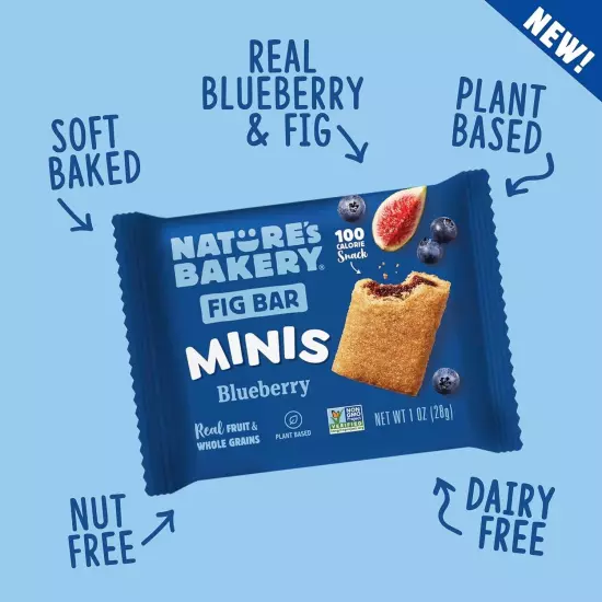 Nature's Bakery Fig Bar Minis, Blueberry, Whole Grain, Vegan, Kosher, Box of 60