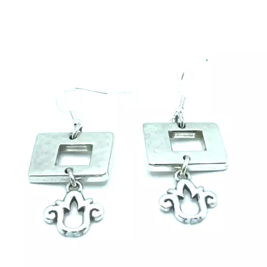 Brighton PIAZZA Hammered Squares/Rectangles Tulip Flowers Silver Custom Earrings