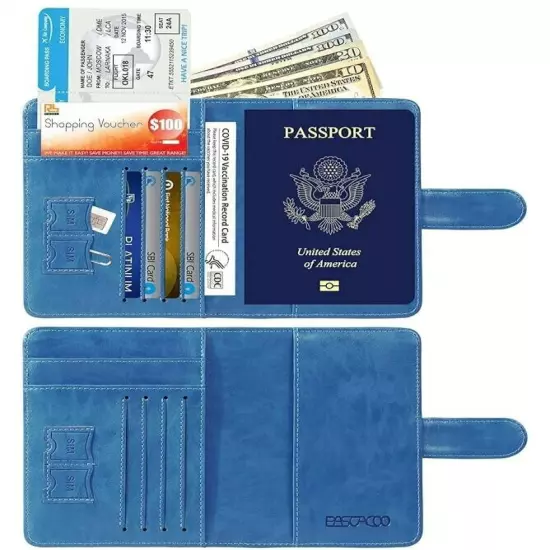 Blue Unisex Passport Holder Wallet NEW RFID Blocking Leather Card Case Travel