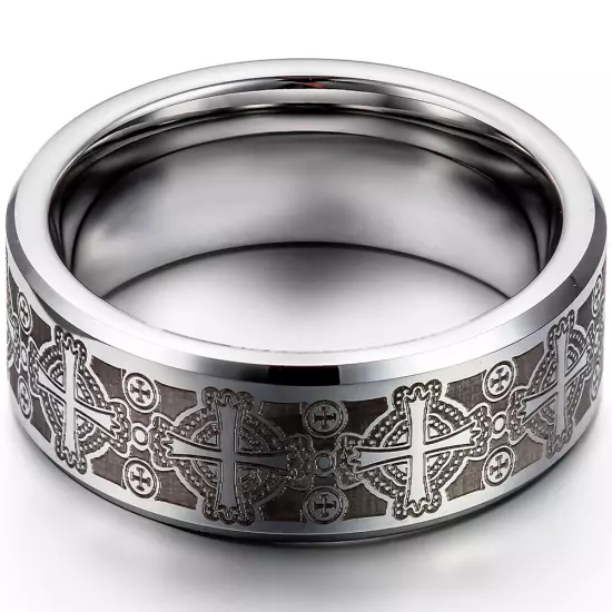 8mm Men's Tungsten Carbide Ring Comfort Fit Laser Celtic Cross Wedding Band