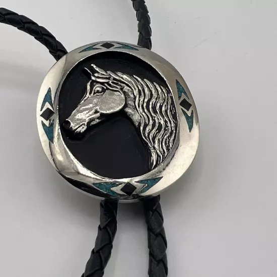 HORSEHEAD TURQUOISE CHIP INLAY BOLO TIE ~ horse western bolo ties Stamp G&S 99