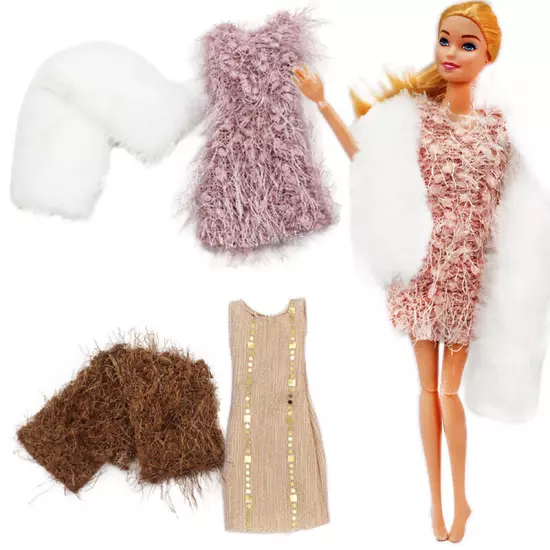 Fashion Doll Fur Dress For 11.5" Doll Outfits Clothes & Scarf Princess Gown 1/6