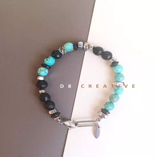 New men's turquoise with onyx and hematite stainless steel bracelet