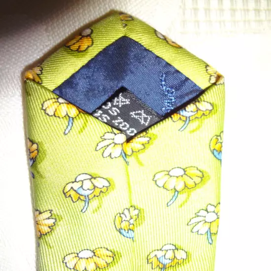 Salvatore Ferragamo Yellow Green 100% Silk Floral Daisy Print Neck Tie