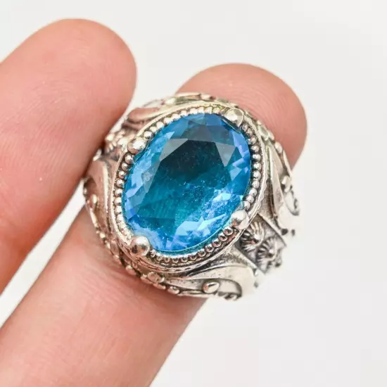 925 Sterling Silver Blue Topaz Gemstone Statement Men's Lovely Ring All Size R71