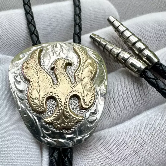 Stunning Tooled Gold And Silver Eagle Bolo Tie Vintage