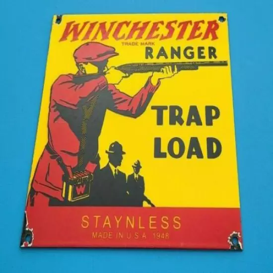 VINTAGE WINCHESTER PORCELAIN LEADER TRAP LOAD SALES AMMO SHOT GUN RANGER SIGN