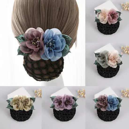 Women Ribbon Bow Hair Net Bun Snood With Bowknot Hair Cover Barrette Hair Clip