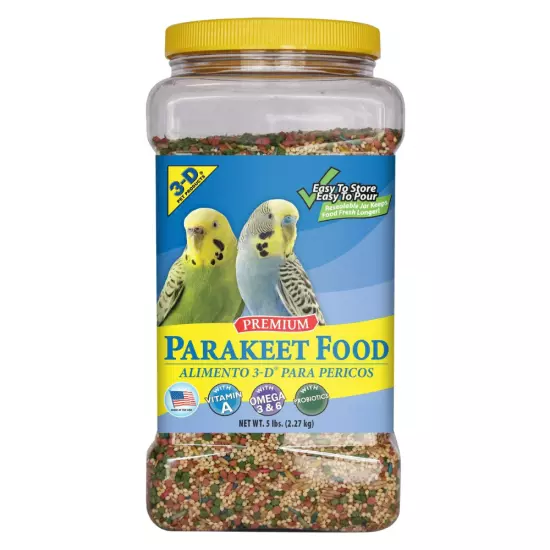 3-D Pet Products Premium Parakeet Food, with Probiotics, 5.0 lb. Stay Fresh Jar.