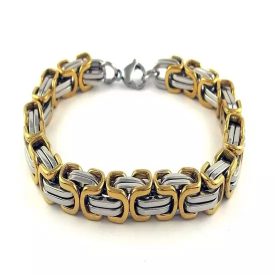 Men's Stainless Steel Silver & Gold Mechanic Byzantine Bracelet Link Chain 8.5"