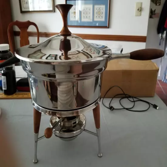 Vintage fondue pot/chaffing dish stainless steel handles, tray, burner, 8 forks