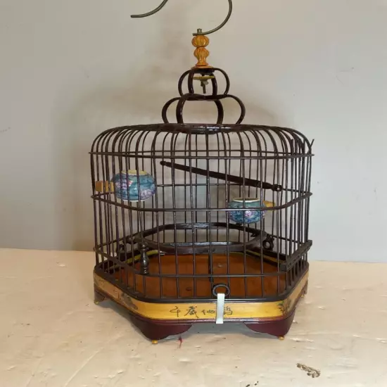 Vintage Asian Bamboo Bird Cage Painted Birds and Porcelain Feeders Nice!