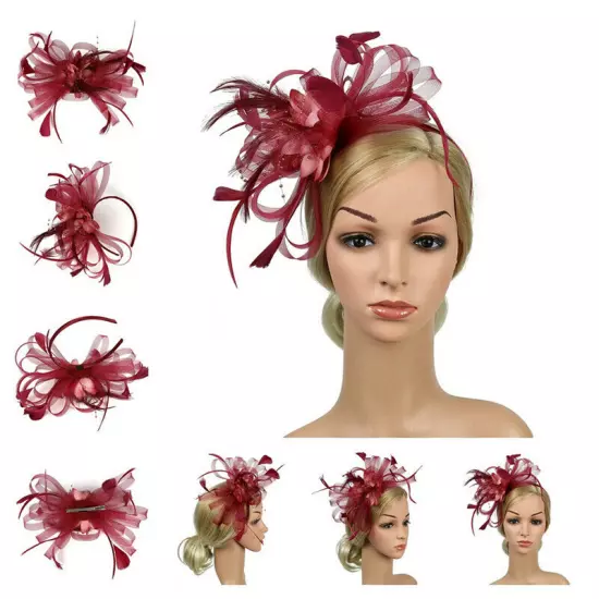 Women Fascinator Feather Hat Flower Hair Clip Church Wedding Party Headwear Clip