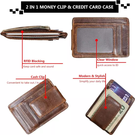 Money Clip RFID Front Pocket Wallet Men Leather Slim Minimalist Wallet