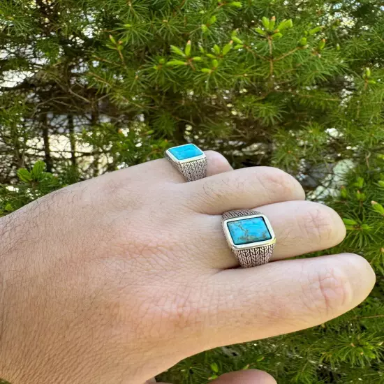 Blue Turquoise Mens Real Solid 925 Silver Navajo Native American Inspired Ring