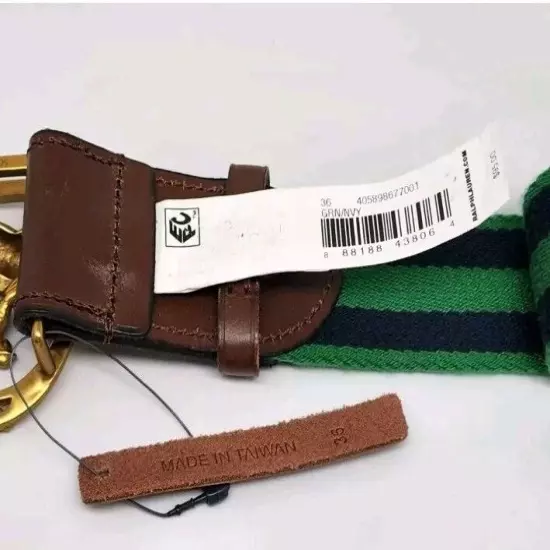 NWT Polo Ralph Lauren Mens Brass Pony Buckle Canvas Belt Green Blue Size 36