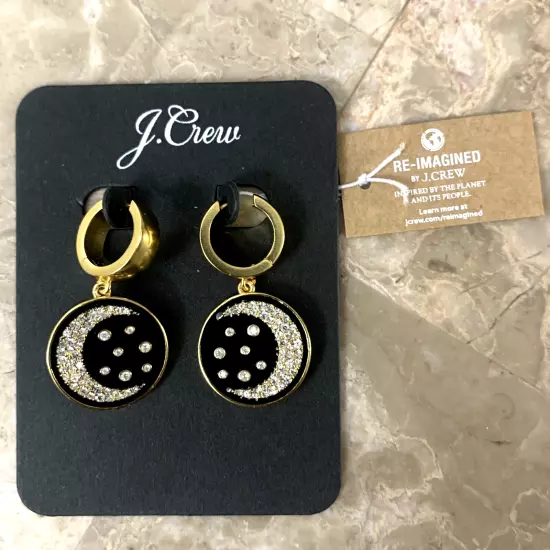 J. Crew Luna Coin Huggie Drop Statement Earrings NWT Pave Moon Celestial Enamel!