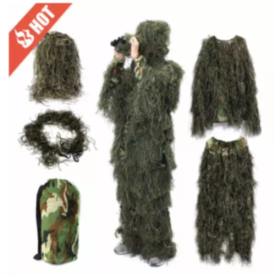 5 Piece Ghillie Suit Woodland Camo Camouflage clothing 3D Hunting Free Size