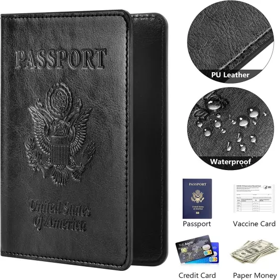 Leather Passport Holder Wallet Blocking Cover Protector For Vaccination Card