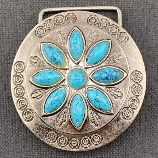 Woman's Belt Buckle 2 1/2" Round Metal 9 Faux Turquoise Pieces BOHO Vintage