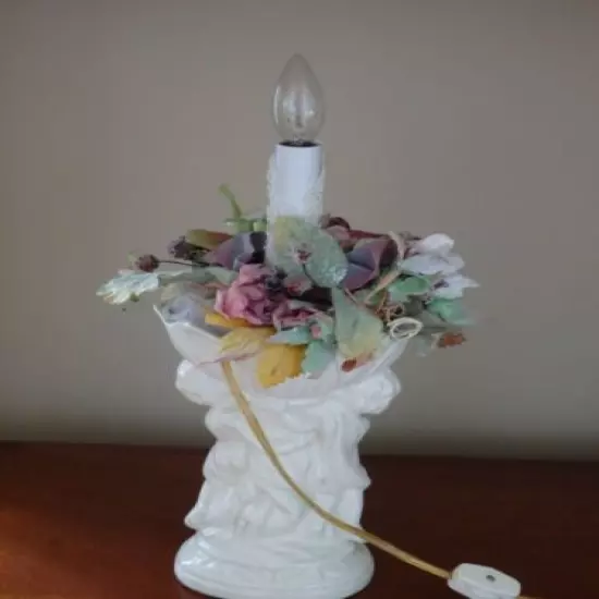 Handmade Ceramic Novelty Accent Night Light Lamp with Angel Cherubs and Flowers