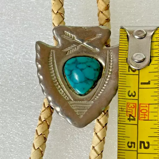 Vintage Turquoise Bolo Tie Arrowhead Western Tan Braided Cord Silver Tone 16 in