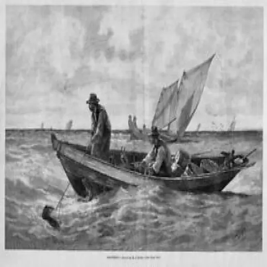 COD FISHING, MAINE, FISHERMEN TRAWL, SAIL-BOATS, PRINT