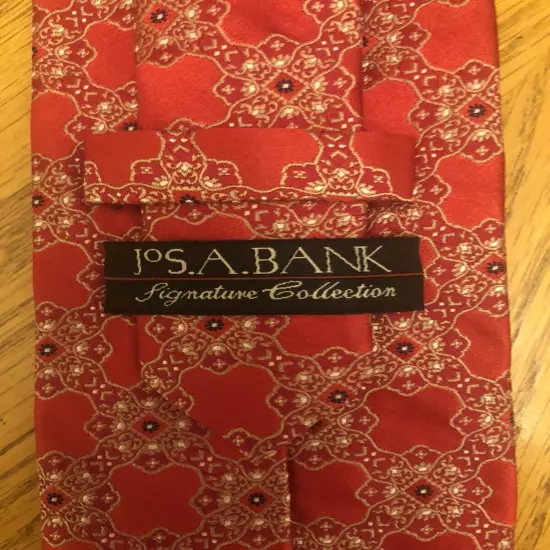 Jos. A. Bank Signature Silk Tie, Italy Red & White Floral Geometric Design 