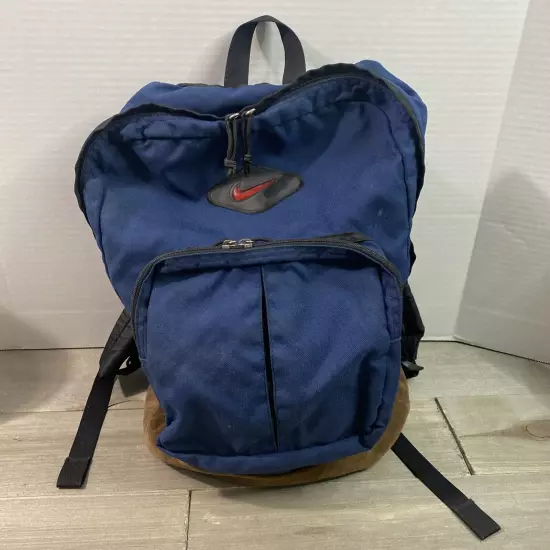 Vintage 90s Leather Suede Bottom Nike Bubble Swoosh Logo Backpack Blue Korea