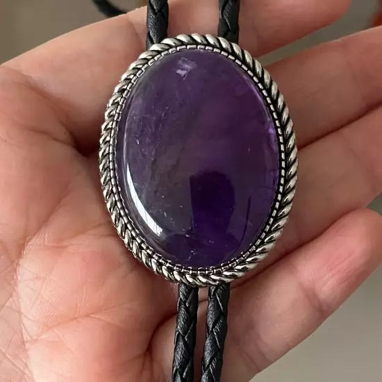 Natural Amethyst Stone Men Bolo Tie Vintage Alloy PU Rope Wedding Party Necklace