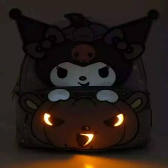 Loungefly Sanrio Kuromi Pumpkin Light Up Glow Mini Backpack & Wallet Set