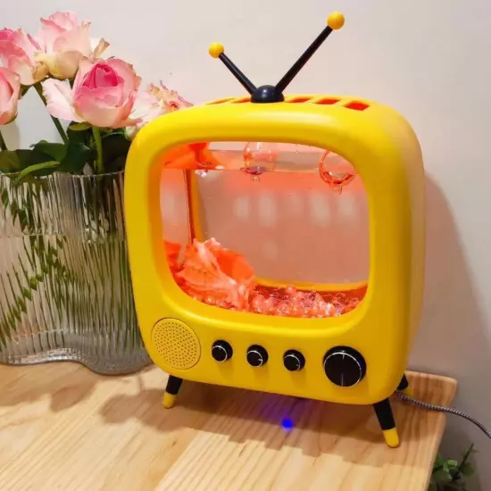 Fish Tank with Lamp Television Styling Small Cute Vintage Desktop Dec