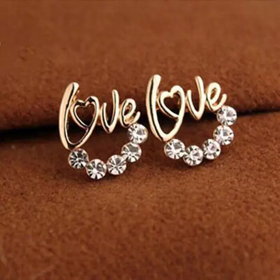 Fashion 18k Gold Plated Crystal Love Letter Stud Earrings Jewellery Womens Girls