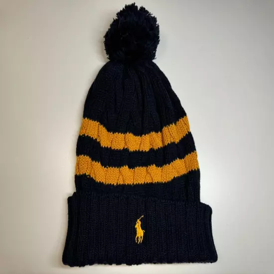 Polo Ralph Lauren cashmere knit blue yellow beanie hat with pompom