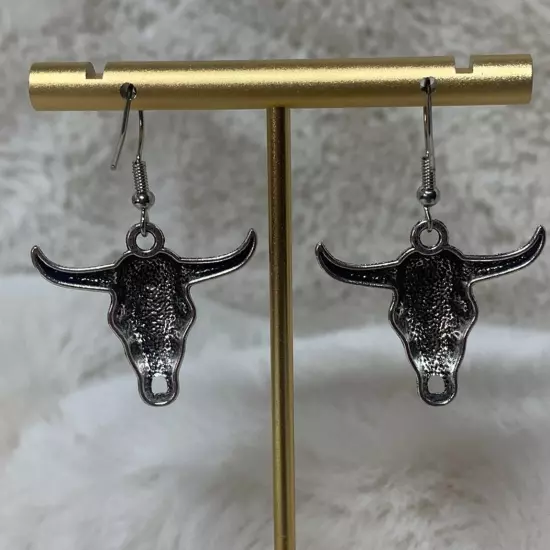 New Cowboy Boho Steer Longhorn Bull Earrings Silver-tone Pierced 2”L Laser Cut