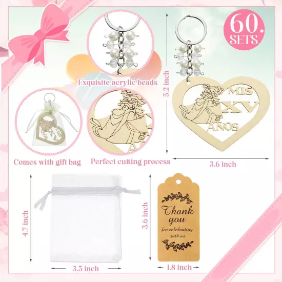 60 Sets Quinceañera Favors Wooden Heart Shape Keychain Heart Keychain Recue