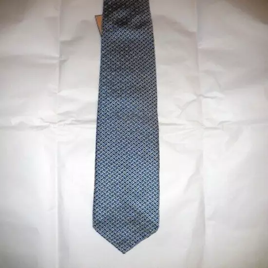 Drake's NWT All Silk Tie Navy Macclesfield with Silver and Yellow Oval Weave