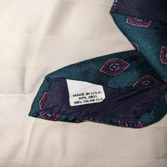 Mario Valentino silk necktie, 100% silk, Made in USA, dark teal diamond pattern 