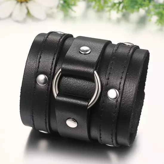 Men's Punk Rocker Biker Gothic Heavy Wide Leather Straps Wristband Cuff Bracelet