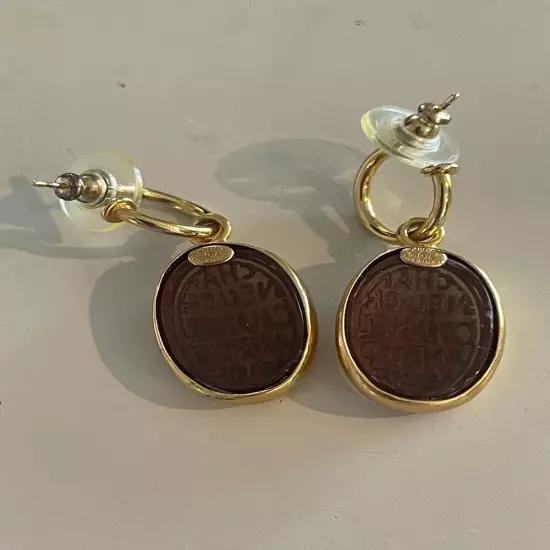 Chanel Oval Swing Pierced Earrings Clear Brown Gold 99A Vintage 1999 With Box